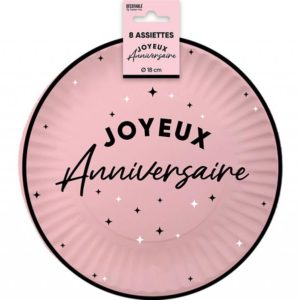 ARTICLES DE FETE-ANNIVERSAIRE-ANNIVERSAIRE ROSE-ASSIETTES 18CM ANNIVERSAIRE