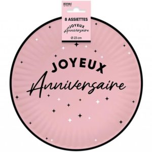 ARTICLES DE FETE-ANNIVERSAIRE-ANNIVERSAIRE ROSE-ASSIETTES 23CM ANNIVERSAIRE